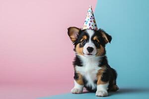 Adorable Corgi Puppy Wearing a Party Hat on a Colorful Background - Perfect for Celebrations and Pet-Themed Designs photo