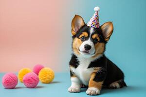 Adorable Corgi Puppy Wearing a Party Hat with Colorful Pom-Poms on a Pastel Background photo