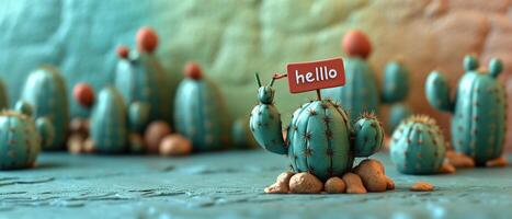 Cute Cactus with Hello Sign in Desert Landscape with Colorful Background and Rocks photo