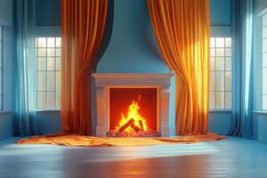 Cozy Modern Living Room with Vibrant Curtains and a Warm Fireplace on a Sunny Day photo
