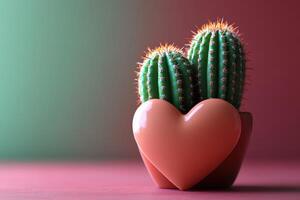Heart-Shaped Pot with Two Green Cacti on Gradient Background - Symbol of Love and Nature photo