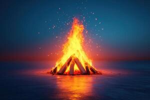 Vibrant Bonfire on a Tranquil Beach at Sunset with Sparks Flying into the Twilight Sky photo