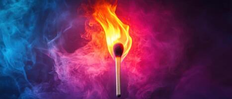 Vibrant Matchstick Igniting with Colorful Flames Against a Smoky Background photo