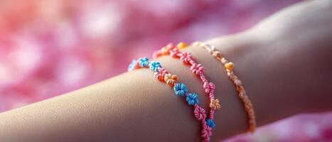 Colorful Handmade Friendship Bracelets on Wrist Against Blurred Pink Background photo