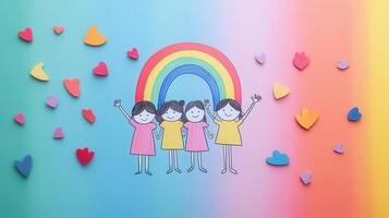Colorful Illustration of Happy Children Under a Rainbow with Heart Shapes on a Vibrant Gradient Background photo