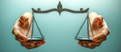 Hands Holding a Balanced Scale Symbolizing Justice and Fairness Against a Gradient Background photo