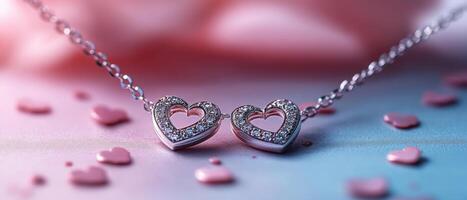 Romantic Heart-Shaped Diamond Necklace with Pink Heart Confetti on Soft Gradient Background photo