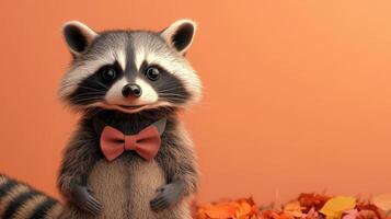 Adorable Raccoon Wearing a Bow Tie with Autumn Leaves Background on Orange photo