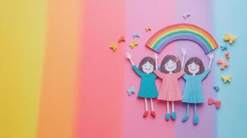Colorful Paper Cutout Children with Rainbow and Butterflies on Vibrant Background Celebrating Friendship and Joy photo