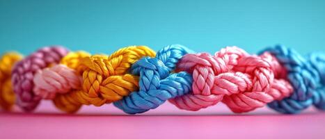 Colorful Braided Rope Close-Up Against Blue and Pink Background, Showcasing Vibrant Textures and Patterns photo