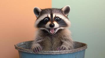Adorable Raccoon with Wide Eyes Sitting in a Metal Bucket Against a Colorful Background photo