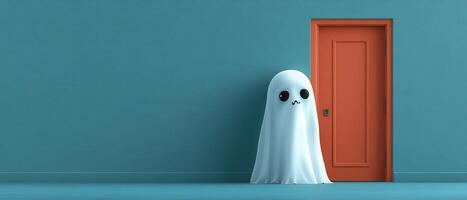 Cute Ghost in White Sheet Standing by Orange Door Against Teal Wall in Minimalist Room photo