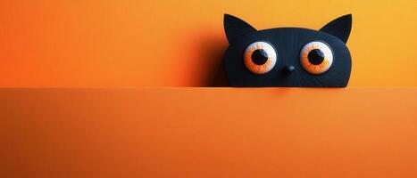 Minimalist Black Cat Figurine Peeking Over Orange Background with Wide Eyes - Modern Art and Design Concept photo