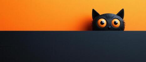 Cute Black Cat with Big Orange Eyes Peeking Over Black and Orange Background - Minimalist Halloween Concept photo
