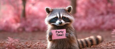 Cute Raccoon Holding Party Time Sign in a Pink Forest Setting photo