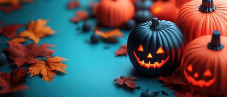 Festive Halloween Pumpkins with Glowing Faces Surrounded by Autumn Leaves and Decorative Elements photo