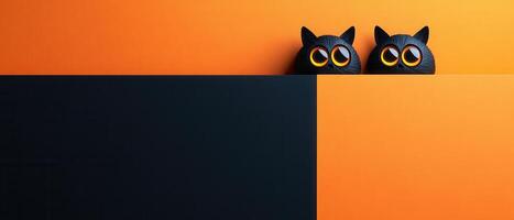 Two Black Cat Figurines with Yellow Eyes on Orange and Black Background - Minimalist Halloween Decor photo