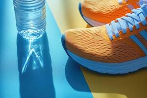 Bright Orange Running Shoes and Water Bottle on Colorful Background with Shadows photo