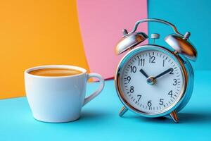 Retro Alarm Clock and Coffee Cup on Colorful Background - Morning Routine Concept with Vibrant Colors photo