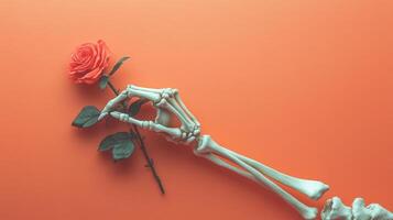 Skeleton Hand Holding a Rose on an Orange Background - Unique and Artistic Conceptual Image photo
