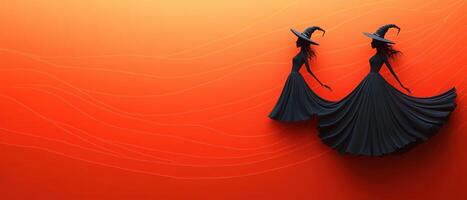 Silhouettes of Two Women in Witch Hats Dancing Against a Vibrant Orange Background with Flowing Lines photo