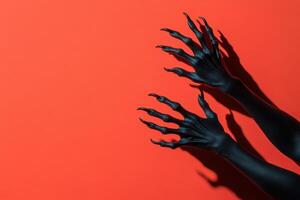 Black Clawed Hands Reaching Out on Bright Red Background with Dramatic Shadows photo
