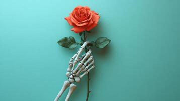 Skeleton Hand Holding a Red Rose on a Teal Background Symbolizing Life and Death photo