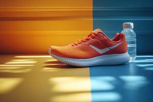 Bright Orange Athletic Shoe with Water Bottle on Colorful Background in Sunlight photo