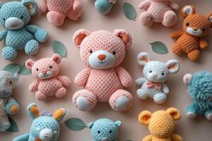 Colorful Assortment of Plush Toys and Stuffed Animals Arranged on a Light Background with Decorative Leaves photo