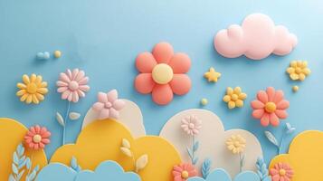 Colorful 3D Floral Background with Clouds and Stars in Pastel Colors for Spring and Summer Themes photo