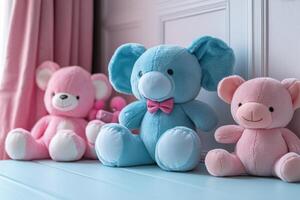 Adorable Plush Toys on a Shelf in a Cozy Room with Soft Lighting and Pastel Colors photo