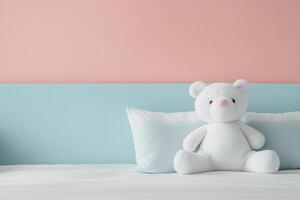 Cozy White Teddy Bear on a Modern Bed with Pastel Pink and Blue Background in Minimalist Bedroom photo