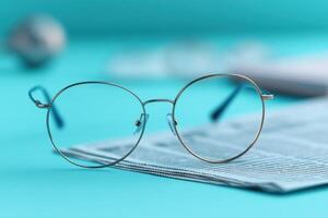 Stylish Round Glasses on Newspaper with Blurred Background on Turquoise Surface photo