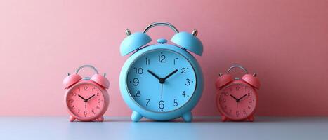 Colorful Retro Alarm Clocks on Pastel Background - Blue and Pink Vintage Timepieces in Minimalist Setting photo
