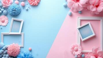 Pastel Blue and Pink Floral Background with Empty Picture Frames for Creative Design and Decoration photo