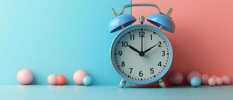 Retro Blue Alarm Clock on Colorful Pastel Background with Decorative Spheres photo