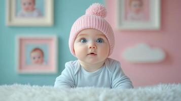 Adorable Baby with Blue Eyes Wearing a Pink Pom-Pom Hat in a Soft Pastel Nursery photo