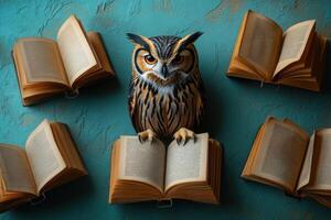 Wise Owl Surrounded by Open Books on a Teal Background - Knowledge and Learning Concept photo