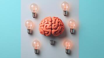 Creative Concept of Brain Surrounded by Light Bulbs on Blue Background Representing Ideas and Innovation photo