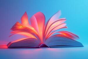 Open Book with Glowing Pages in Vibrant Blue and Pink Light, Symbolizing Knowledge and Imagination photo