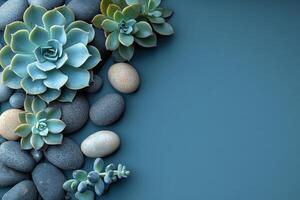 Elegant Succulent Arrangement with Smooth Stones on a Blue Background - Perfect for Modern and Minimalist Designs photo
