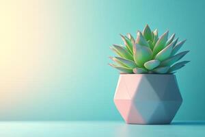 Geometric White Planter with Green Succulent on a Gradient Turquoise Background in Soft Light photo