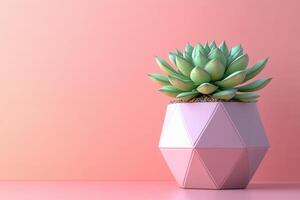 Stylish Geometric Pot with Succulent Plant Against a Soft Pink Background for Modern Home Decor photo