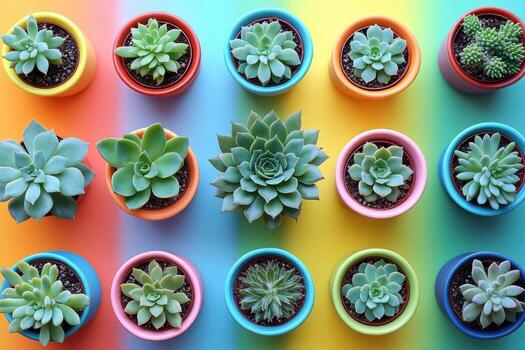 Colorful Succulent Plants in Vibrant Pots Arranged in a Grid Pattern on a Rainbow Gradient Background photo