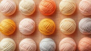 Colorful Yarn Balls Arranged in a Grid Pattern on a Textured Fabric Background photo