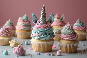 Colorful Unicorn-Themed Cupcakes with Pastel Frosting and Decorative Sprinkles on a Pink Background photo