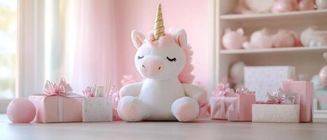 Adorable Plush Unicorn Toy Surrounded by Pink Gift Boxes in a Soft Pastel Nursery Setting photo