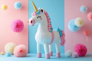 Colorful Unicorn with Pastel Decorations in a Vibrant Party Setting photo