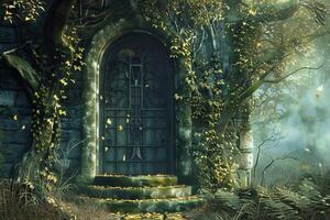Mystical door surrounded by ivy in a foggy, enchanted forest setting photo