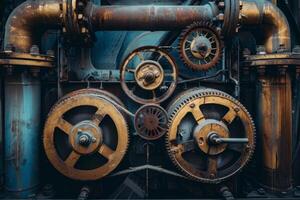 Detailed view of aged industrial machine gears and pipes with a retro look photo